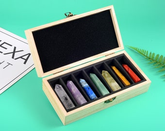 NATUURLIJKE KRISTALPUNTEN set van 7 chakrastenen Healing Crystals Tower Wands met houten kist voor Reiki-meditatie Woondecoratie Luxe cadeau
