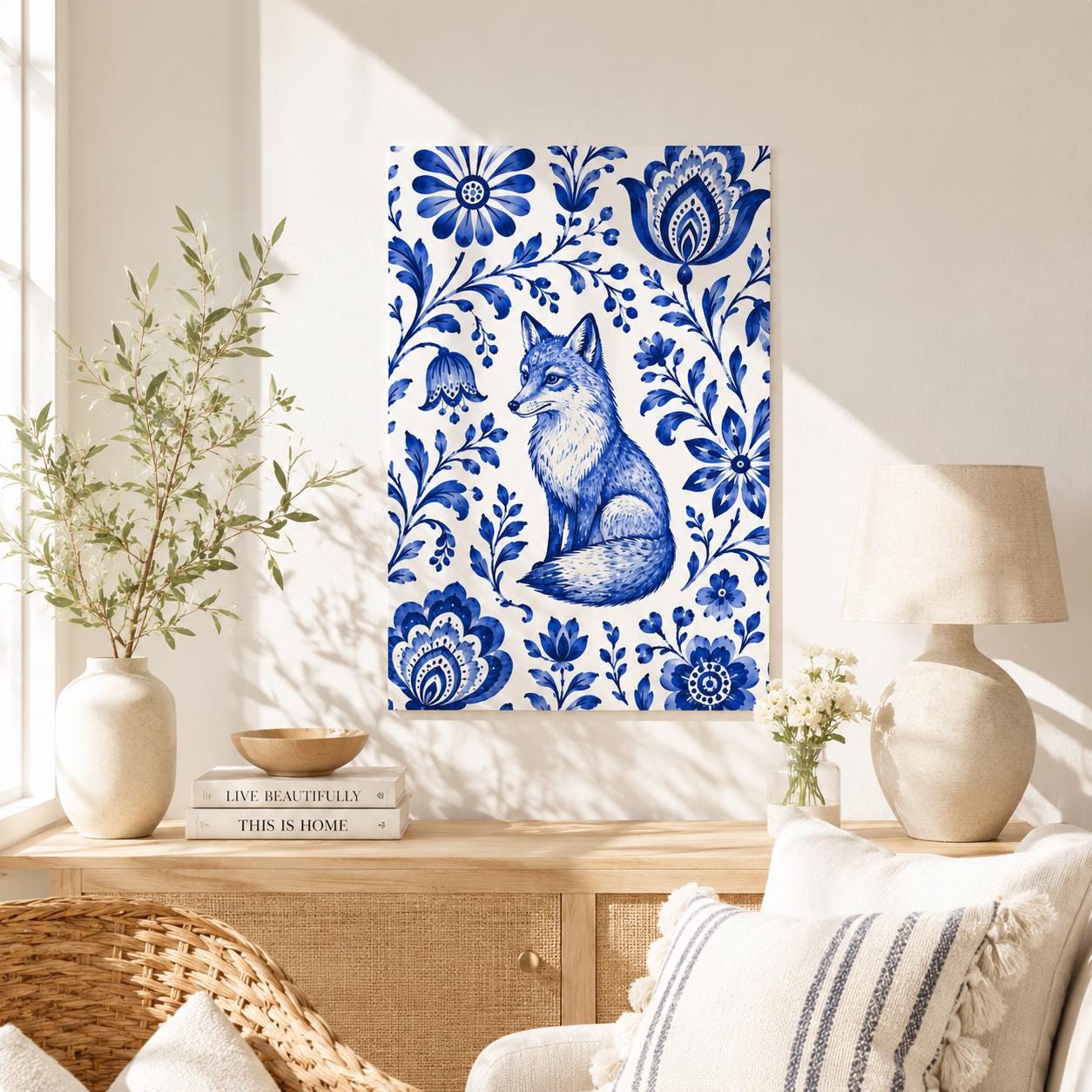 Otomi Fox Poster Mexican Folk Art Print Blue White Animal Wall Art ...