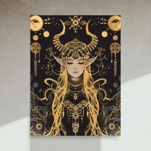 Freyja Goddess Poster Norse Mythology Freya Wall Art Gold and Black Viking Decor