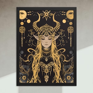 Freyja Goddess Framed Poster Norse Mythology Freya Wall Art Gold and Black Viking Decor