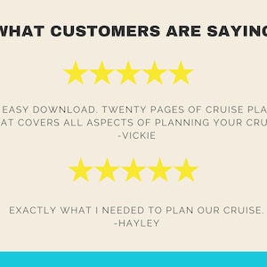 May include: Two customer reviews with five-star ratings. The first review says "Very easy download. Twenty pages of cruise planning that covers all aspects of planning your cruise. -VICKIE". The second review says "Exactly what I needed to plan our cruise. -HAYLEY".