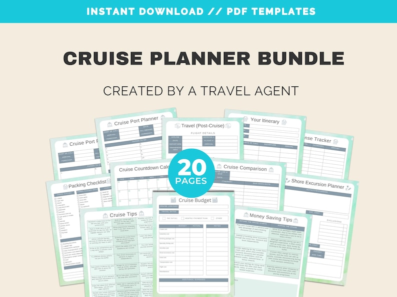 May include: A printable cruise planner bundle with 20 pages of checklists, budgets, itineraries, and tips for planning a cruise holiday. The pages are designed with a light blue and grey colour scheme.