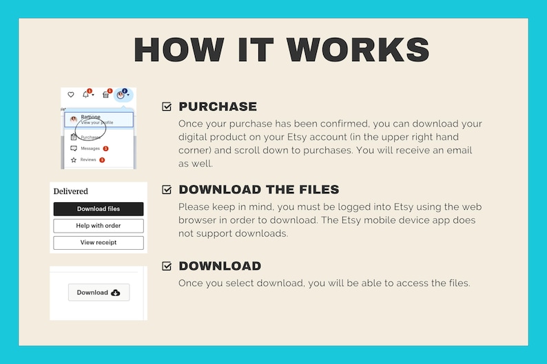 May include: A screenshot of a computer screen showing how to download digital files from Etsy. The instructions include purchasing the file, downloading the file, and accessing the file. The Etsy website is shown in the screenshot.
