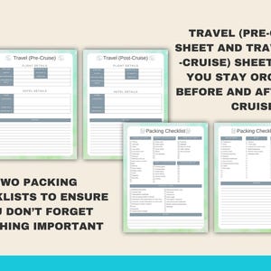 May include: Two printable packing checklists for pre-cruise and post-cruise travel. The checklists include sections for flight details, hotel details, and a packing list. The text "Travel (Pre-Cruise)" and "Travel (Post-Cruise)" is at the top of each checklist. The text "Two Packing Checklists to Ensure You Don't Forget Anything Important" is at the bottom of the image. The text "TRAVEL (PRE-CRUISE) SHEET AND TRAVEL (POST-CRUISE) SHEET TO HELP YOU STAY ORGANIZED BEFORE AND AFTER YOUR CRUISE" is at the top of the image.