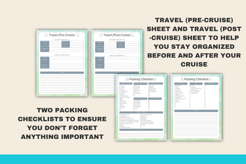 May include: Two printable packing checklists for pre-cruise and post-cruise travel. The checklists include sections for flight details, hotel details, and a packing list. The text "Travel (Pre-Cruise)" and "Travel (Post-Cruise)" is at the top of each checklist. The text "Two Packing Checklists to Ensure You Don't Forget Anything Important" is at the bottom of the image. The text "TRAVEL (PRE-CRUISE) SHEET AND TRAVEL (POST-CRUISE) SHEET TO HELP YOU STAY ORGANIZED BEFORE AND AFTER YOUR CRUISE" is at the top of the image.