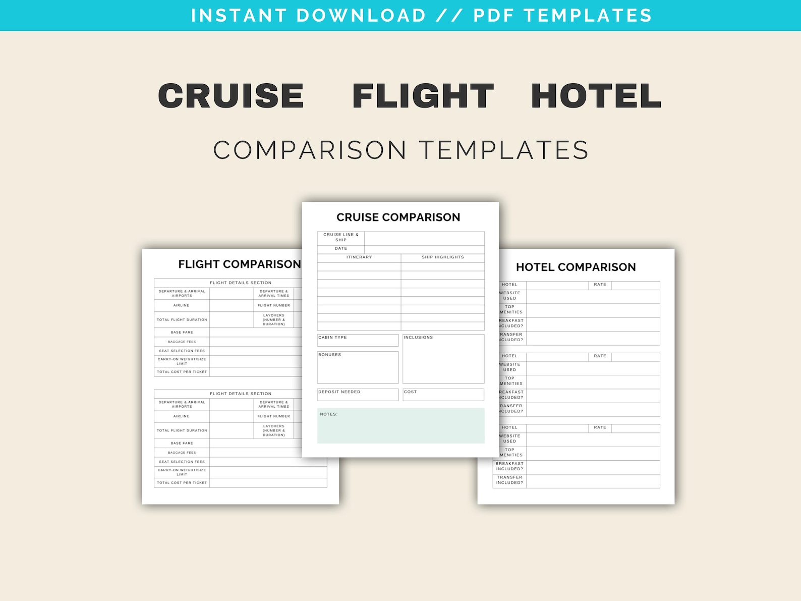 Cruise & Hotel Comparison Template: Vacation Planner Worksheets (PDF ...
