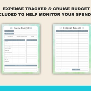 May include: Two printable budget trackers, one for a cruise budget and one for general expenses. Both trackers have a light green and blue watercolour background.