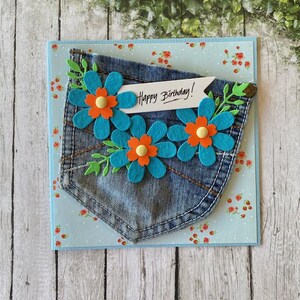 Female Birthday Card, UPCYCLED DENIM POCKET Card, Handmade in Australia