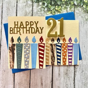 21 GEBURTSTAGSKARTE, Grußkarte mit 21 Kerzen, 21 Feier, Meilenstein-Geburtstagskarte, für Sie oder Ihn, handgefertigt in Australien von Shar's Cards