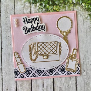 Female Birthday Card, Purse and Perfume Elegant Greeting, Personalised Decade Birthday Card, handmade in Australia