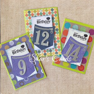 DENIM POCKET Card for Kids/Teens/Tweens Birthday card, personalised, handmade, diecut, blue and green with circles, made in Australia