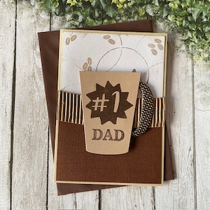 Fathers Day COFFEE card, Number One Dad, Birthday, Hand-stamped coffee bean background print, with handmade mug shape, made in Australia