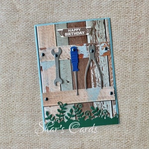 Male Birthday Card, Tools on Rustic Fence, Woodwork DIY, Mens, handmade in Australia, papercraft