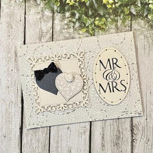 Tarjeta de felicitación de boda, Sr. y Sra., esmoquin y corazones de encaje, tarjeta de recuerdo del día de la boda, hecha a mano en Australia
