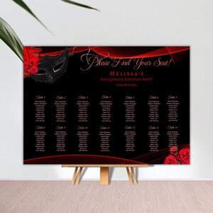 May include: Black and red masquerade party seating chart with a black mask and red roses. The chart lists tables and guest names for Melissa's Masquerade Birthday Party on June 30th, 2022.
