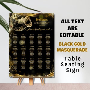 May include: Black and gold masquerade themed table seating chart sign with a gold mask and sparkling lights. The sign says "Melissa's 1st Birthday Party" and "Please find your seat".