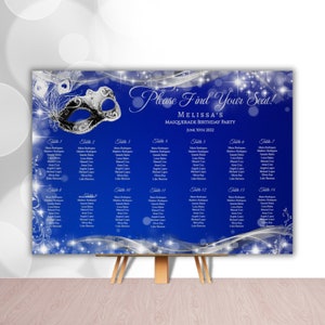 May include: A blue and silver masquerade party seating chart with a silver mask and sparkling lights. The chart lists tables and guest names for Melissa's birthday party on June 30th, 2022.