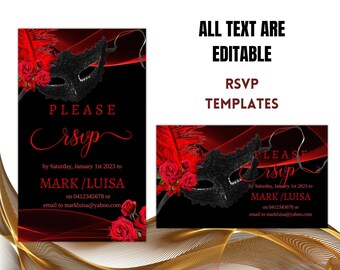 May include: A black and red RSVP card with a black masquerade mask and red roses. The text on the card reads "PLEASE RSVP by Saturday, January 1st 2023 to MARK/LUISA on 0412345678 or email to markluisa@yahoo.com".