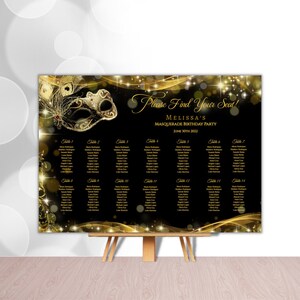 May include: Black and gold masquerade party seating chart with a gold and red masquerade mask, gold glitter, and a black background. The text reads "Please Find Your Seat! Melissa's Masquerade Birthday Party June 30th 2022".
