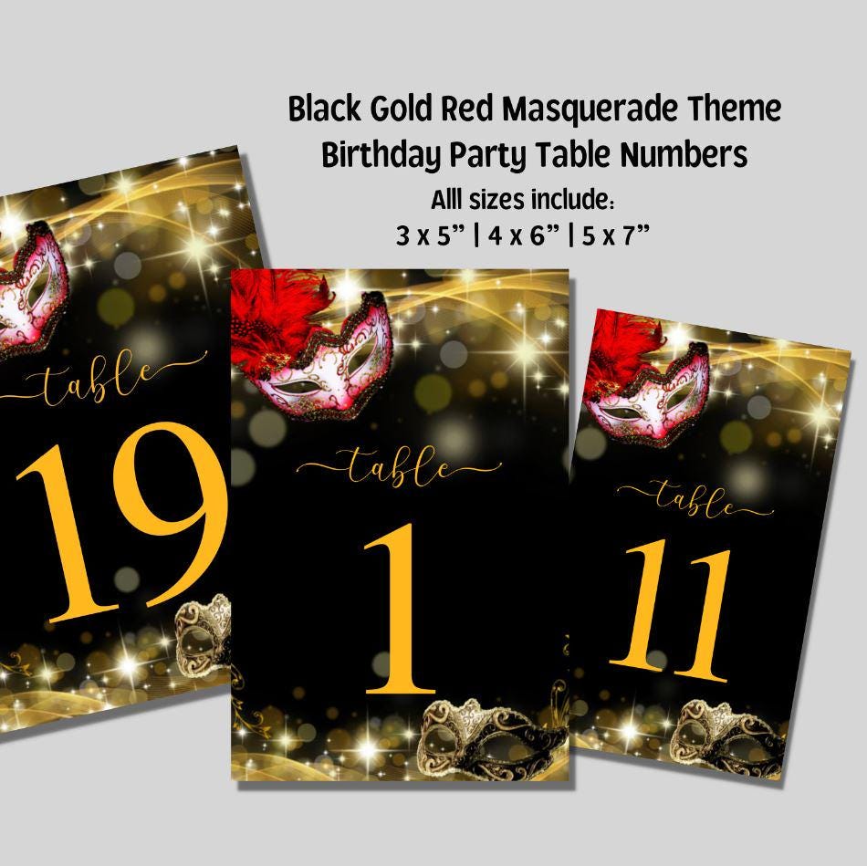 Printable Table Numbers Black Gold Red Masquerade Theme / Digital File ...