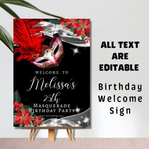 Editable Printable Black Silver Red Masquerade Birthday Party Welcome Sign | Digital File Download