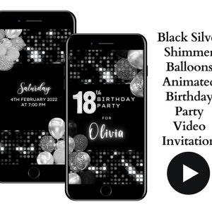 Animated Black Silver Shimmer Balloons Birthday Party Video Invitation, Personalised Evite