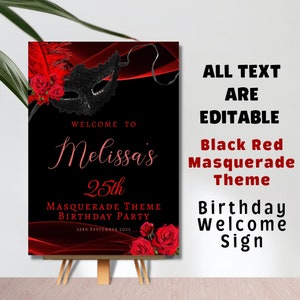 Black Red Masquerade Theme Birthday Party Welcome Sign | Editable Printable Digital File