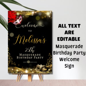 Editable Printable Black Gold Red Masquerade Birthday Party Welcome Sign / Digital File Download
