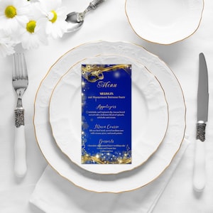 Tarjeta de menú imprimible del tema Royal Blue Gold Masquerade, menú editable, descarga de plantilla digital personalizada, bricolaje