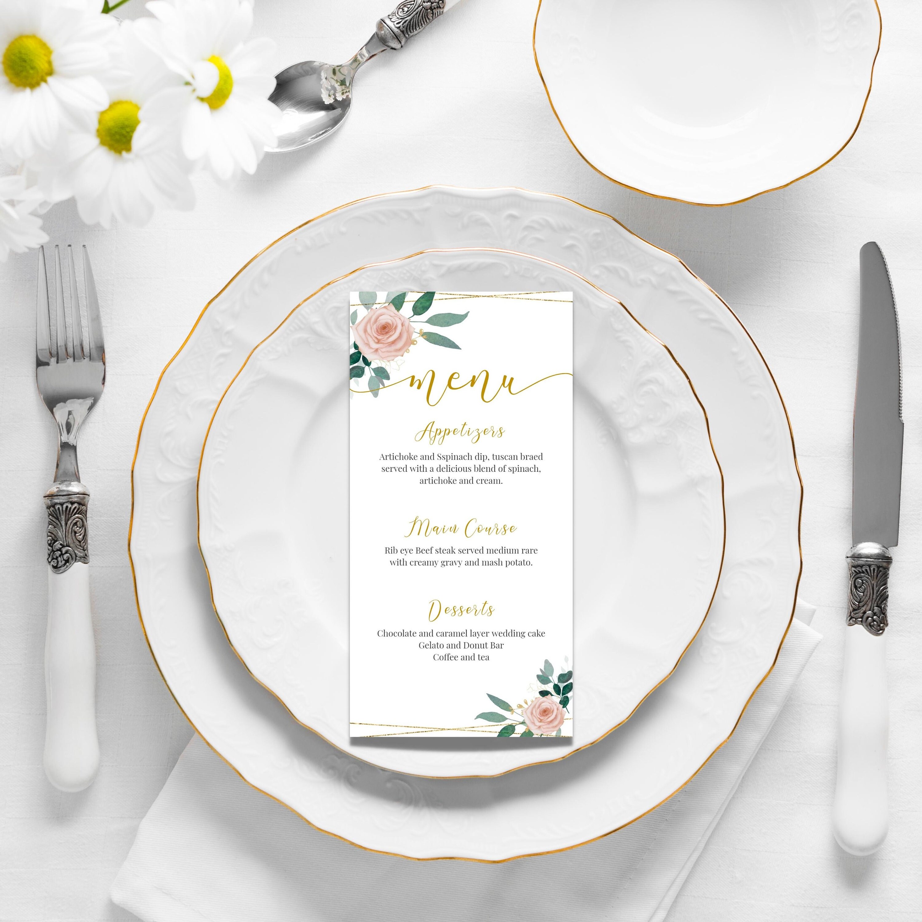 White Menu Card Design Menu Card Printable Floral White Gold Wedding Invitation Template ...