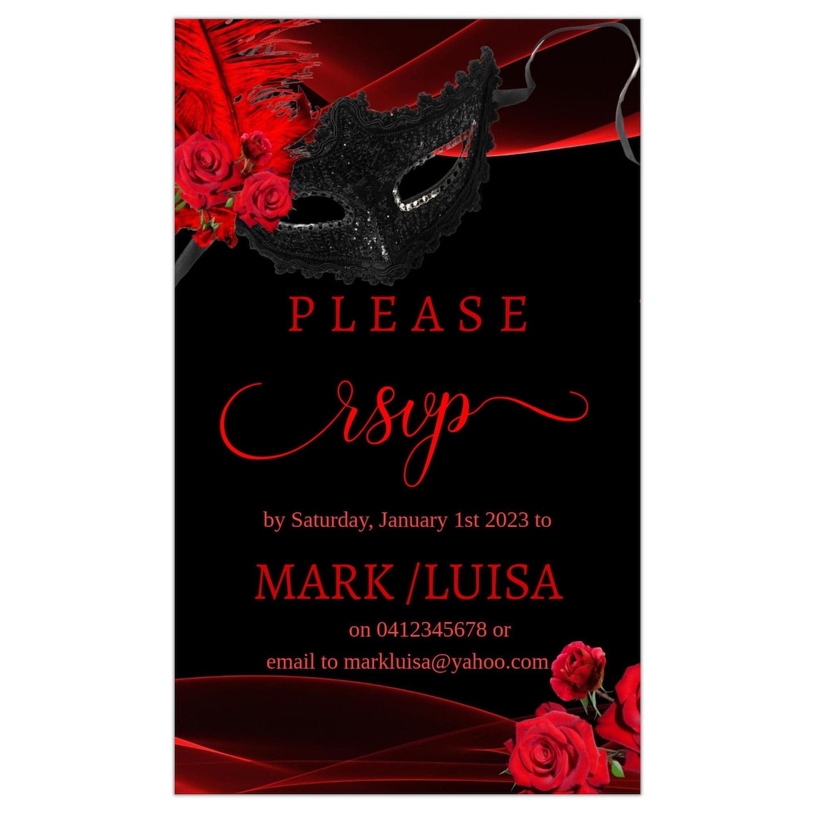 RSVP Card Printable Black Red Masquerade Theme Template / Digital File ...