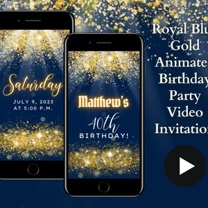 Animated Royal Blue Gold Birthday Party Video Invitation, Personalised Evite