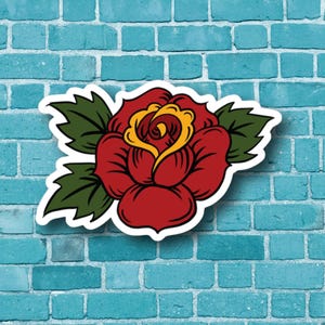 Red Rose Tattoo Style Stickers, Vintage Floral Decals, Romantic Peel and Stick Labels, Retro Flower Notebook Decals, Traditional Rose Plant