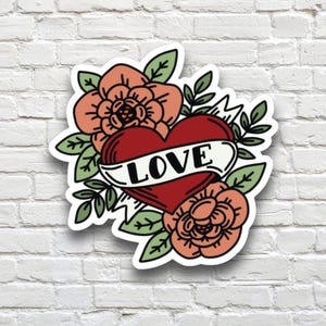 Tattoo Heart Stickers, Love Tattoo Decals, Vintage Style Sticker Set, Romantic Laptop Decals, Trendy Journal Stickers, Retro Heart Label