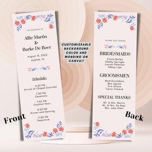 Può includere: Invito di nozze con un design floreale. Il fronte dell'invito include i nomi Allie Martin e Burke De Boer, la data del matrimonio e la location. Il retro dell'invito elenca le damigelle d'onore, gli uomini d'onore e i ringraziamenti speciali.