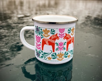 Dala Horse Folk Art Enamel Coffee Mug - Orange, Pink, Teal