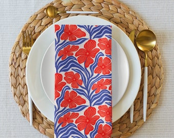 4th of July Napkins - Hand Drawn Red White and Blue Floral Pattern Cloth Napkins, Set of 4 - Patriotic Table Decor - July Fourth celebration