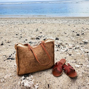 May include: A woven brown tote bag with leather handles and a pair of brown leather sandals rest on a sandy beach. The ocean is visible in the background, creating a relaxed, summery scene.