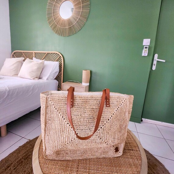Sac cabas raphia, sac raphia, sac de plage, sac en paille de raphia, sac été, sac en osier, sac en paille été, sac raphia crochet