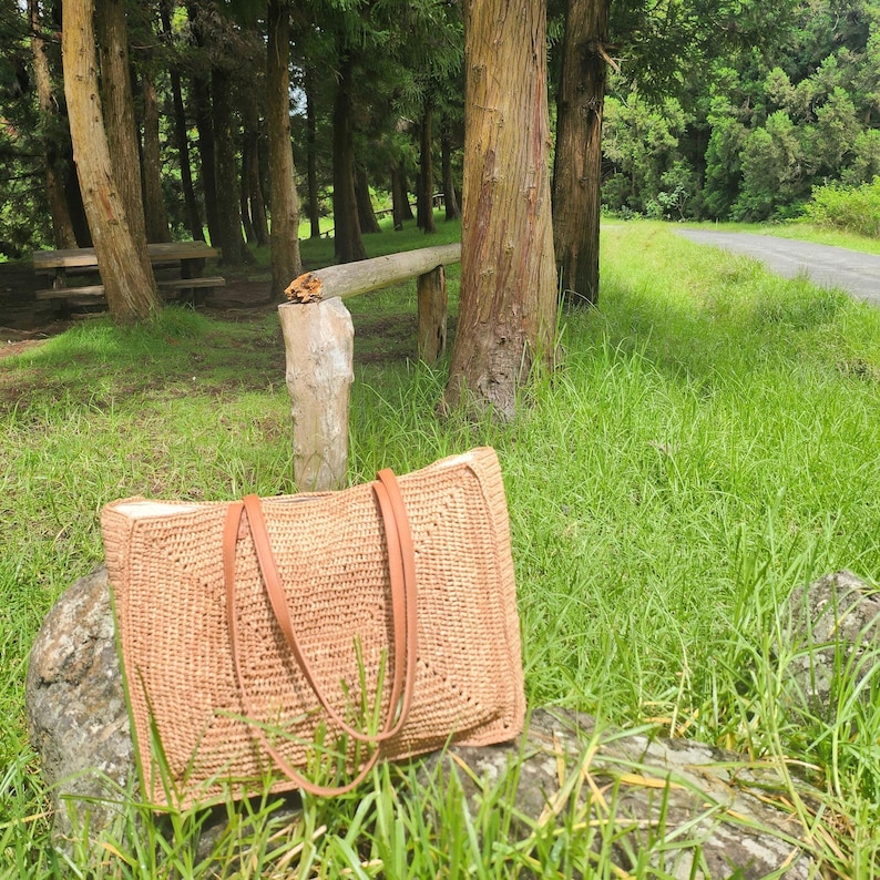 May include: A woven tote bag with brown leather handles rests on a rock in a grassy area. The bag has a rectangular shape and a light brown color. The background features trees and a path.