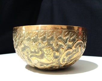 Antique Indian Brass Finger Bowl: Ornate Repousse Lion, Tiger, Elephant