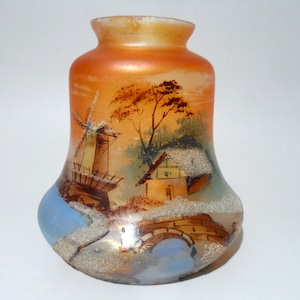Vintage 1920s- 30s Hand Painted Marigold Carnival Glass Pendant Light Shade with Scenery Legras Style Iridescent Art Deco