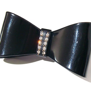 Retro 1980s Large Black Bow Hair Clip Barrette with Rhinestones and Brass Studs Pique MADE IN FRANCE Hairslide