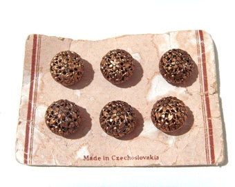 Vintage CZECHOSLOVAKIA Brass Filigree Ball Buttons x6 On Original Card 13mm Mirrored Interior