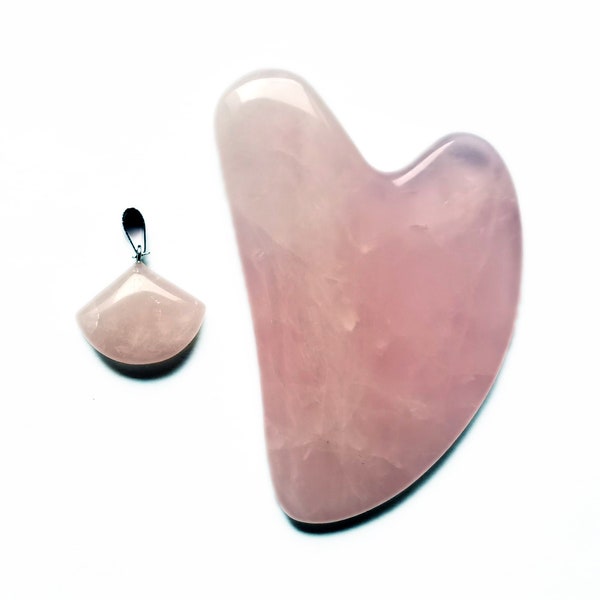 Pendentif en quartz rose radieux et grattoir en gua sha, planche à racler en forme de cœur et pendentif en pierre rose, kit complet en gua sha dans un sac gratuit