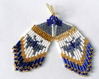 Blue Butterfly Beaded Earrings: Boho Fringe Seed Bead Jewelry
