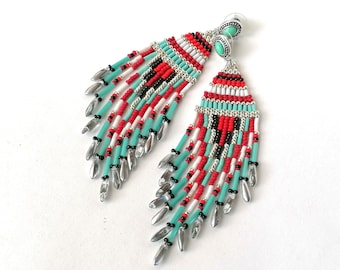 NATIVE BEADED EARRINGS-Southwestern earrings-Seed bead Earrings-Red turquoise earrings-Fringe beaded earrings-Bohemian beaded earrings