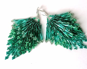 GREEN FRINGE EARRINGS-Cascade Earrings-Tassel Earrings-Seed bead Earrings-Green Earrings-Statement Earrings-Sparkly Earrings-Green earrings