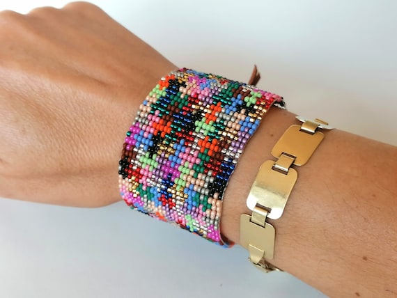 METAL BEAD BRACELET BROAD GOLD RED METAL BEAD BRACELET BROAD GOLD RED