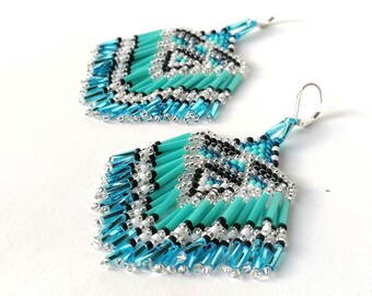 NATIVE BEADED EARRINGS-Turquoise beaded earrings-Southwestern earrings-Seed bead Earrings-Fringe beaded earrings-Turquoise earrings